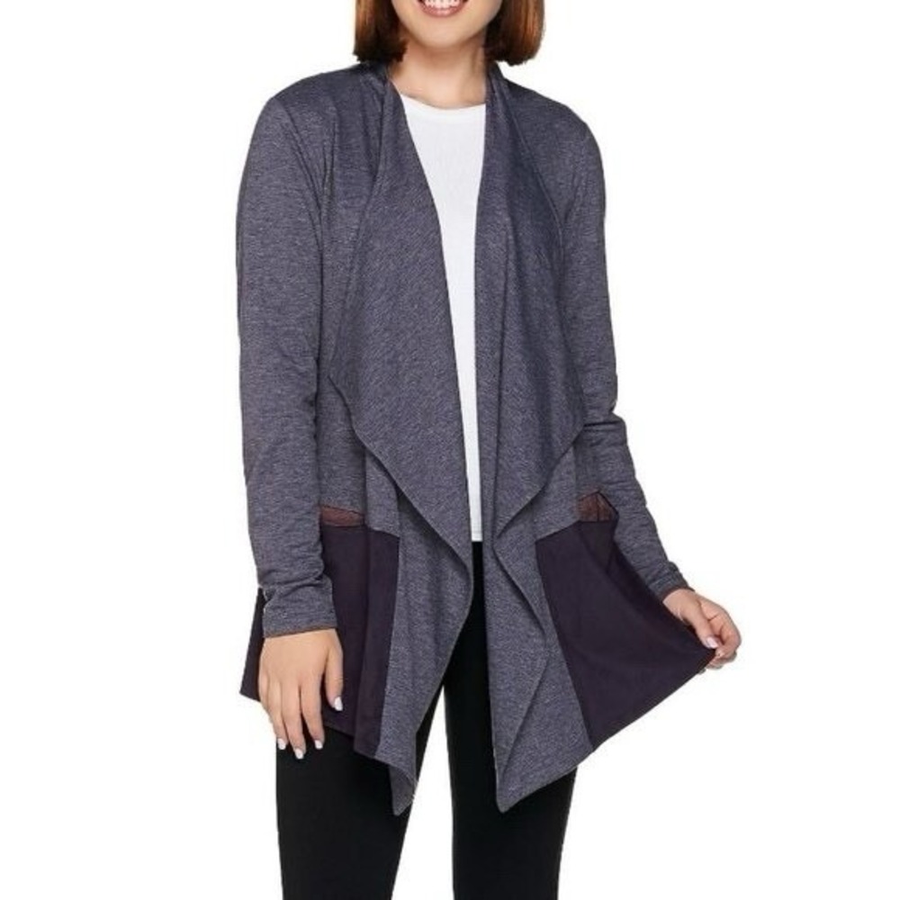 LOGO Lounge by Lori Goldstein Purple French Terry Cardigan Faux Suede Hem Sz L